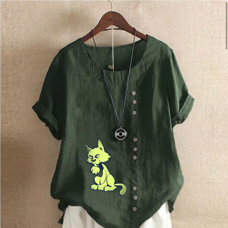 Women's Fashion Fox Print Short Sleeve T-shirt Loose Cotton Shirt Casual Loose Summer Blouse Tops Plus Size