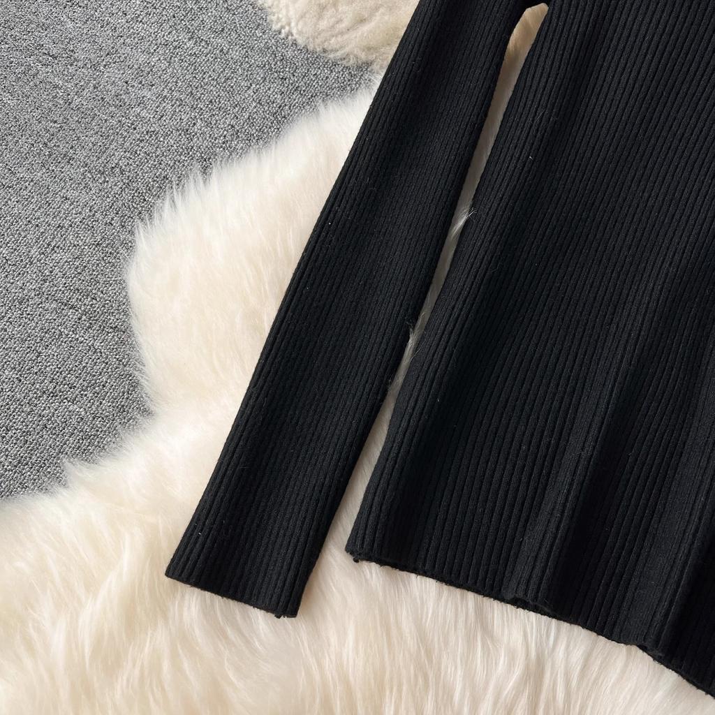 New 2024 Autumn Winter Black Knitted Sweater Tops Suits For Women Notched Collar Sleeveless Tank Double-Breasted Belt Dress Sets