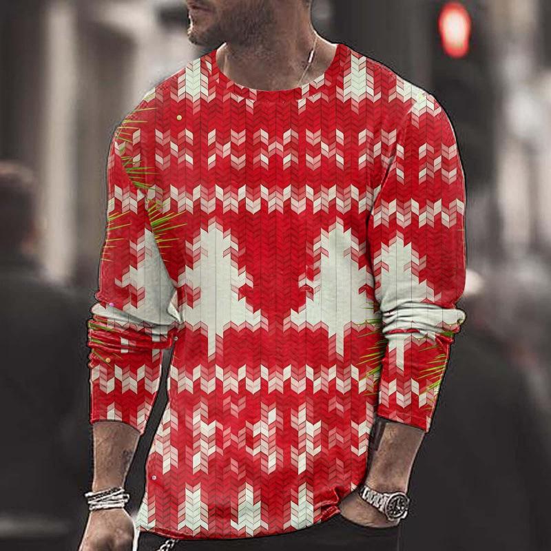 Summer Round Neck Christmas 3D Print Top Fashionable Casual Long Sleeved Men's T-shirts