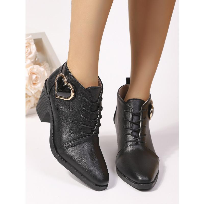 Vintage Lace-up Love Decoration High Heeled Shoes Women's 2025 Fall New Plus-size Professional Low-top Shoes