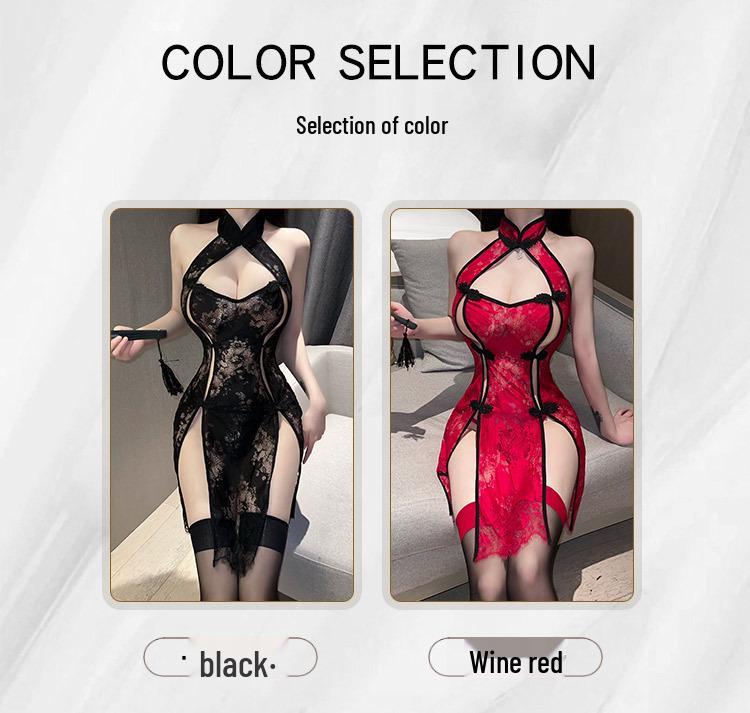 Lingerie Bodycon Cheongsam: Sexy Hollowed-Out, Short-Sleeve, See-Through Slit Dress