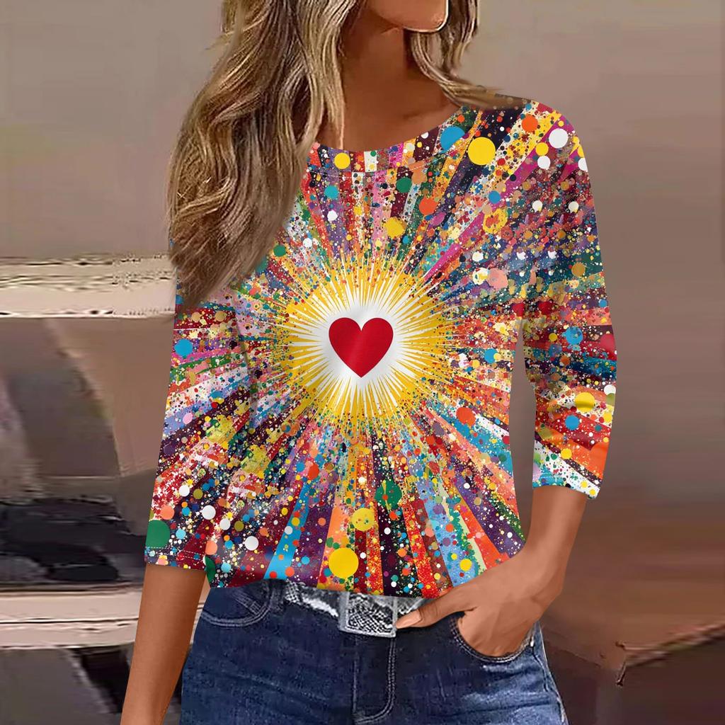 Women's Fashionable Casual Three Quarter Sleeve Printed Round Neck Top