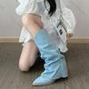 Fashion Comemore Women Pleats Blue Denim Mid-calf Boots Autumn Thick Heeled Pointed Toe Cowboy Botas Woman Slip On Western Long Boots