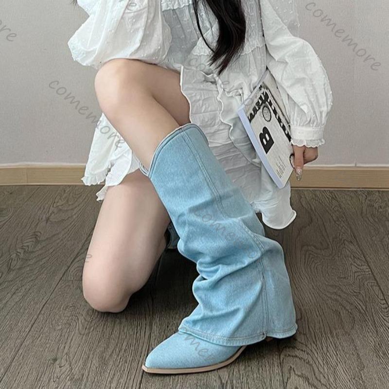 Fashion Comemore Women Pleats Blue Denim Mid-calf Boots Autumn Thick Heeled Pointed Toe Cowboy Botas Woman Slip On Western Long Boots