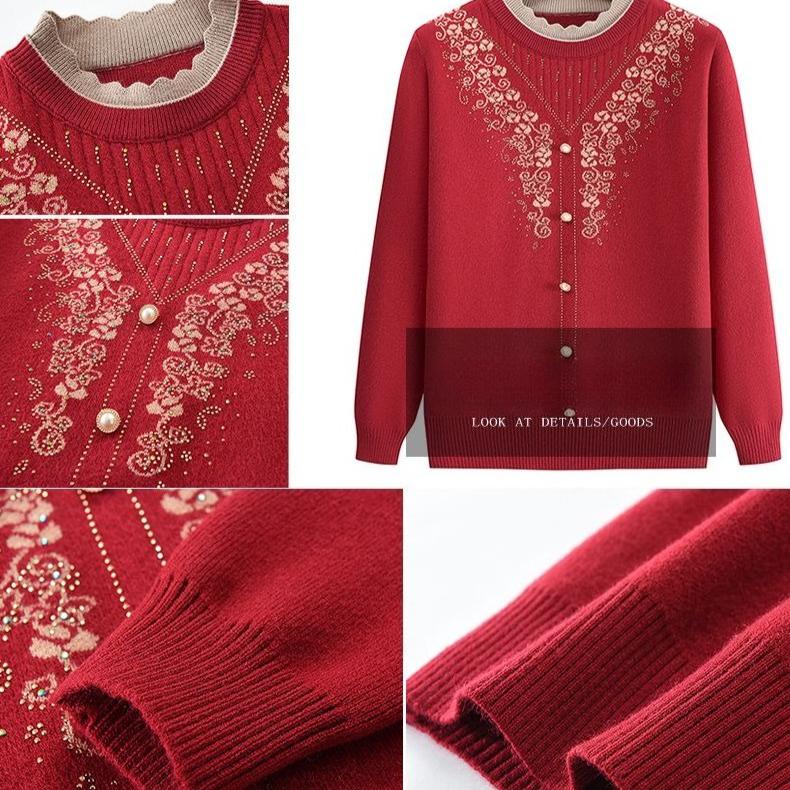 Women's Round Neck Printed Sweater Autumn Winter Rhinestone Plus Size Pullover Knitwear Loose Knit Top