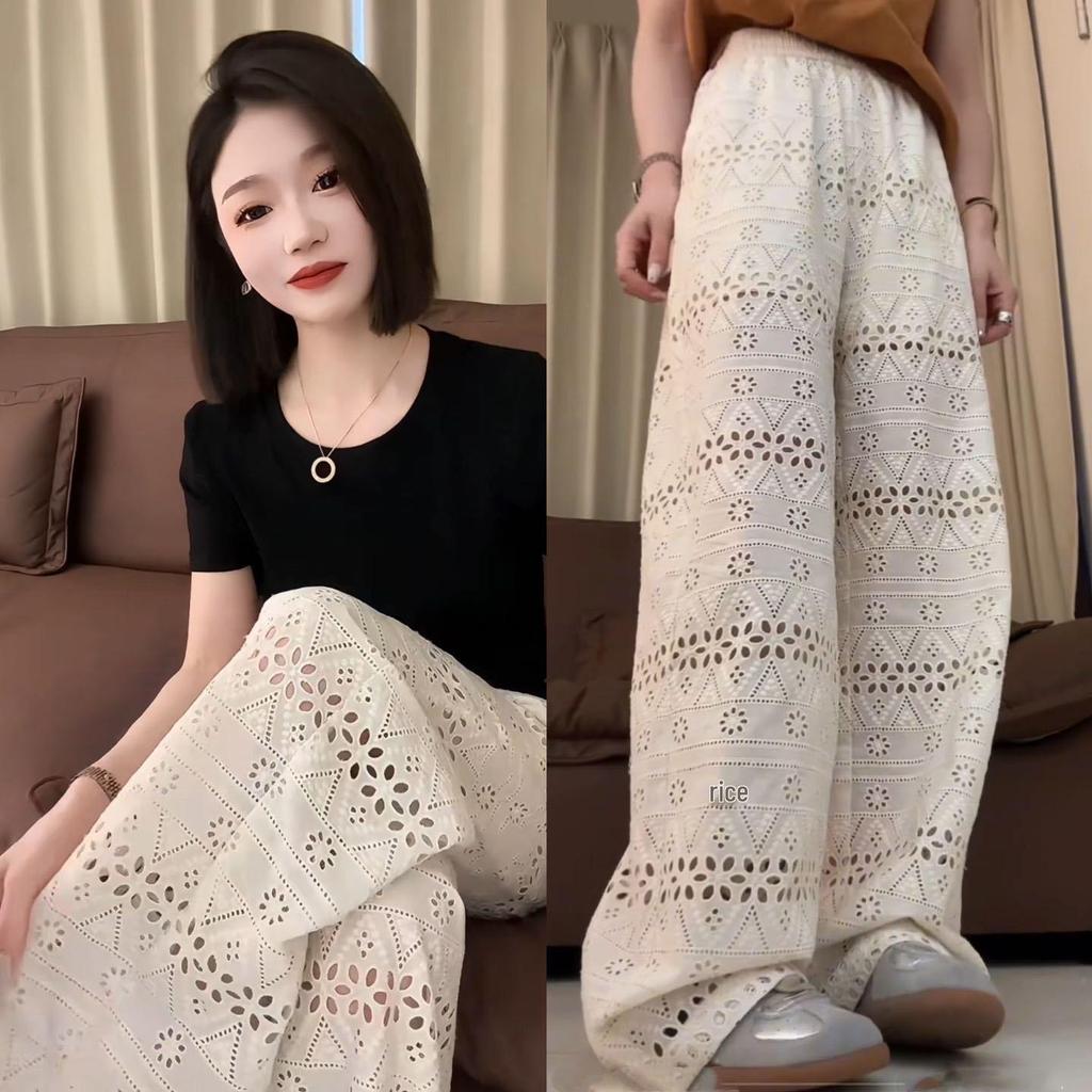 Plus Size Women's High Waist Lace Wide Leg Pants - Summer Thin, Hollow Out, Loose, Slimming, Casual Straight Leg Design