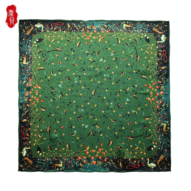 Armeegrüner luxuriöser natürlicher Seidenschal für Damen, Frühling, bedruckter Vogel, 100 % echter Seiden-Twill-Schal, Wickelschal, quadratisch, 50 cm, Bandana für Damen