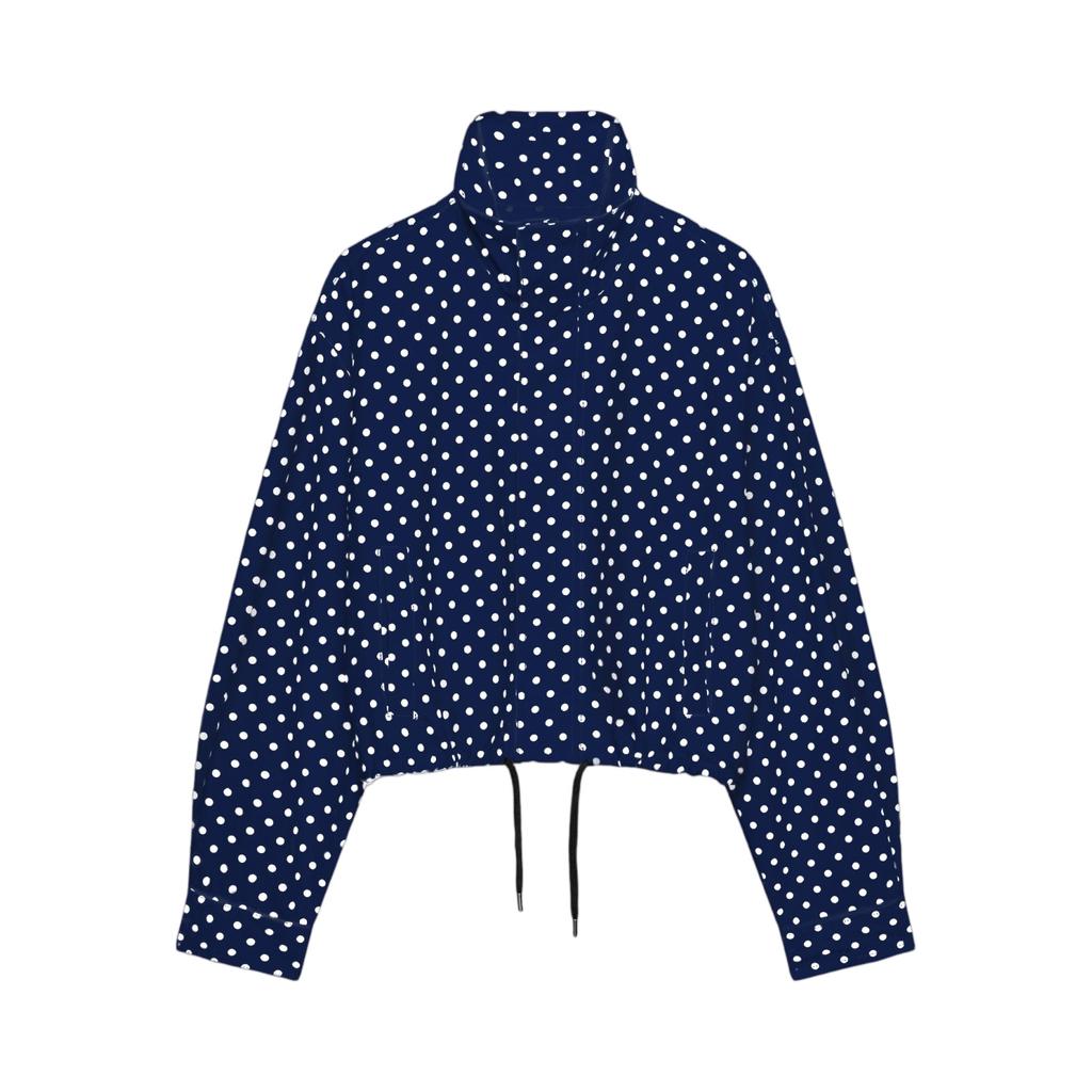Chaqueta Ligera de Mujer con Cuello Alto, Lunares, Mangas Abullonadas, Dobladillo con Cordón, Ropa Exterior Casual
