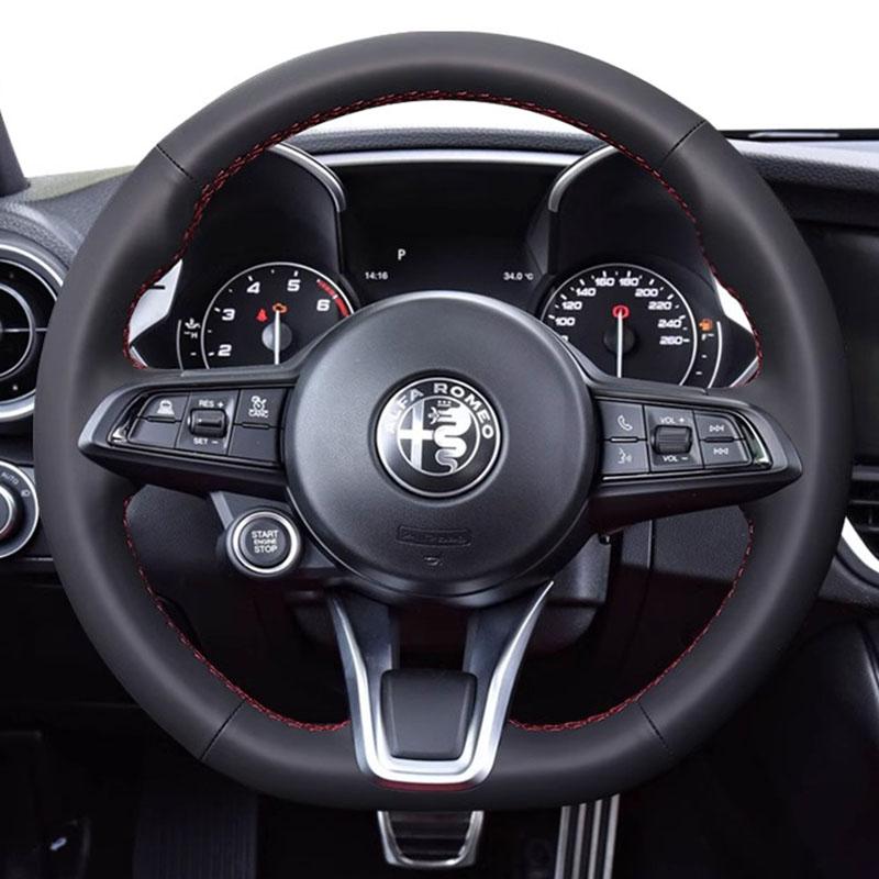 

Hand-Stitched black leather suede non-slip car Steering Wheel Cover For Alfa Romeo Stelvio Giulia - 1