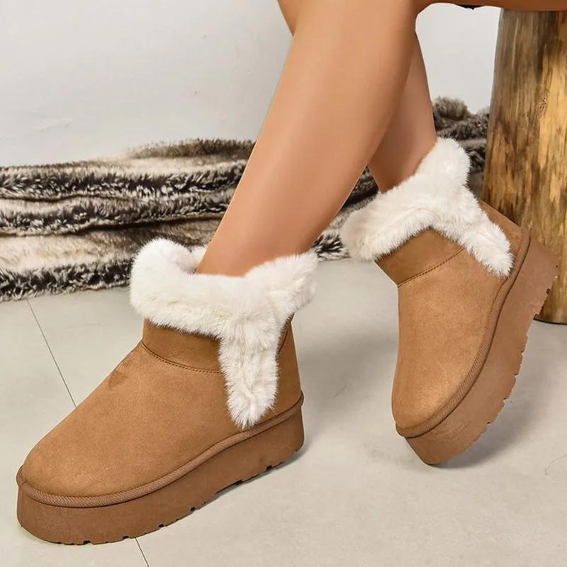 Thick Bottom Long Plush Snow Boots for Women 2024 Winter Chunky Platform Fur Ankle Boots Woman Non Slip Warm Cotton Padded Shoes