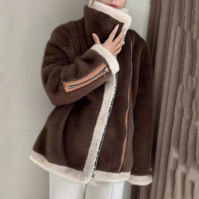 

Fur integrated short jacket, new loose casual coat, light locomotive clothing in winter average size [recommended 90-72.5 kg]