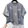 Women Summer Round Neck Short Sleeve 3D Floral Lace Applique Loose Casual Cotton T Shirt