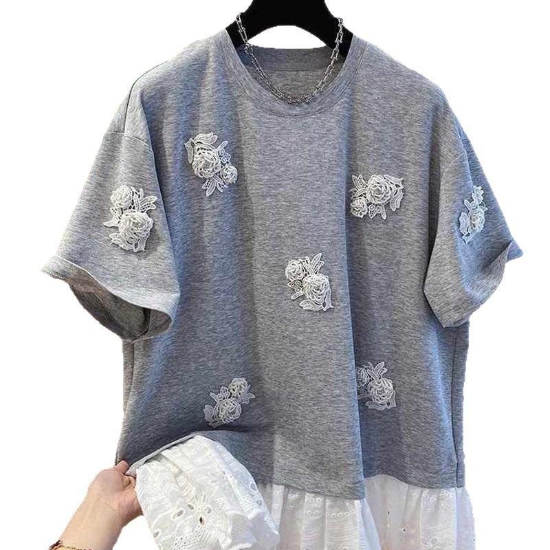 Women Summer Round Neck Short Sleeve 3D Floral Lace Applique Loose Casual Cotton T Shirt
