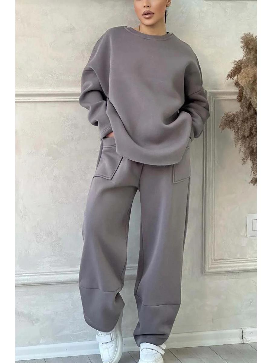 

2024 Женский повседневный однотонный комплект свитшота с круглым вырезом и длинными рукавами с карманом 2XL серый