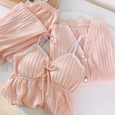 Pyjama Damen in Übergröße, dreiteilig, Frühling/Herbst, Baumwolle, langärmlig, Brustkissen, Hosenträger, Nachtwäsche, Sommer, Homewear