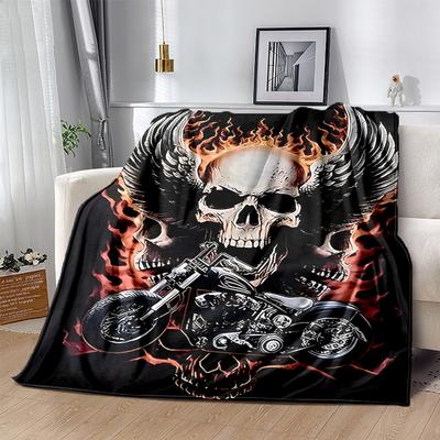 1 pièce Le Paradis du Motard: Couverture Motif Crâne de Moto avec Ailes et Flammes Parfaite pour la Décoration Intérieure, Couverture de Canapé, Voyage
