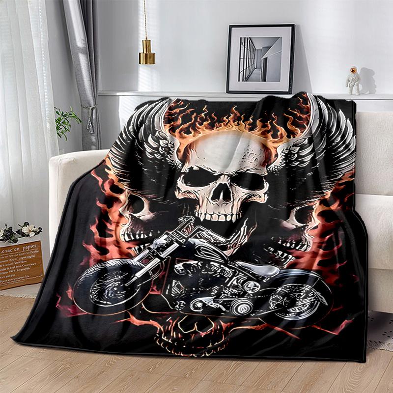 1pc Rider's Paradise: Motorcycle Skull with Wings & Flames Design Blanket Perfect for Home Decor, Couch Blanket, Travel