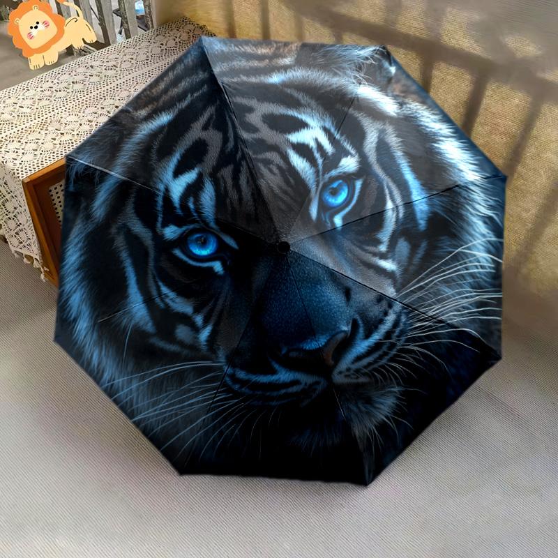 Ferocious Tiger Pattern, Automatic Folding Umbrella, Portable and Foldable Design, 8 Ribs, a Christmas or Birthday Gift.