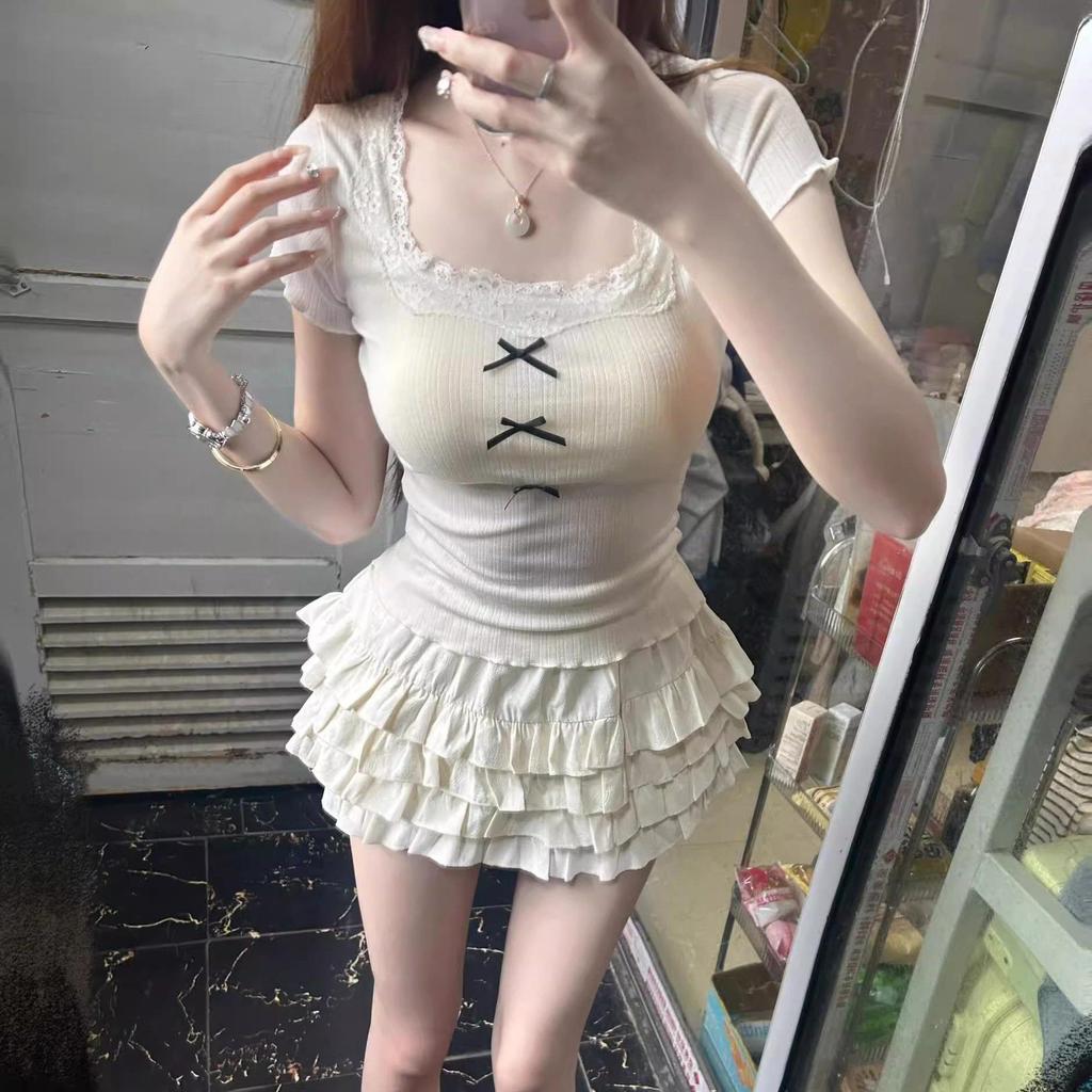 Lace Trim Patchwork Short Sleeve T-Shirt for Women - Spring/Summer Petite Straight Shoulder Top