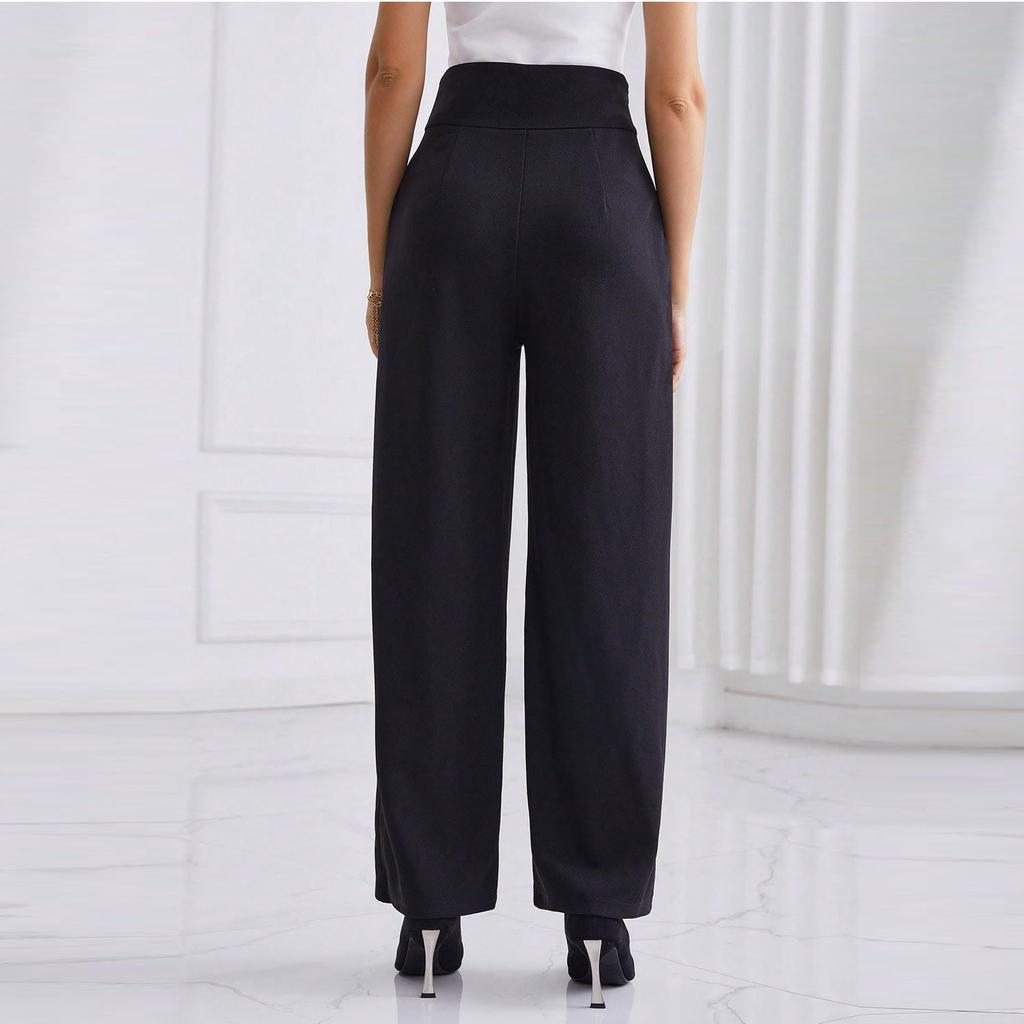 Women  Elastic High Waist Pant Casual Active  Fit Wide Leg Long Pants Trousers With Pockets