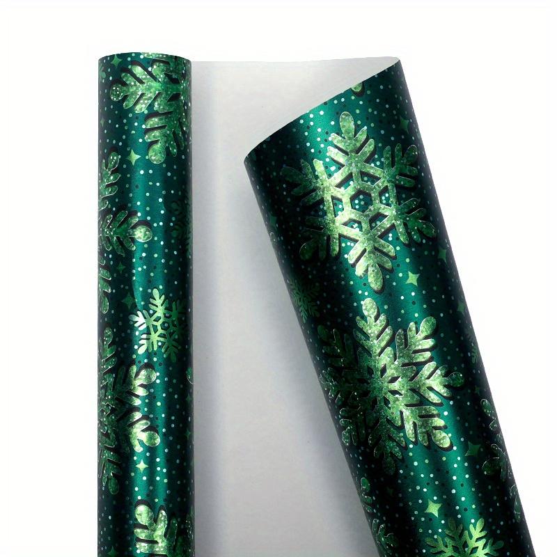1 Roll Elegant Green & Golden Snowflake & Pine Leaf Wrapping Paper - Large Luxury Winter Gift Wrap Roll for Christmas