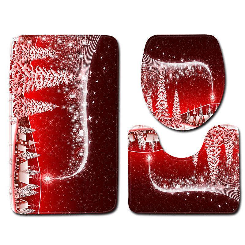 4pcs Shower Christmas Curtain Toilet Cushion Set Cover Mat Pad Rug Xmas Bathroom