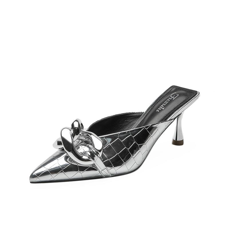 Silver Chain High Heel Baotou Sandals for Women - European & American Summer 2023 Collection