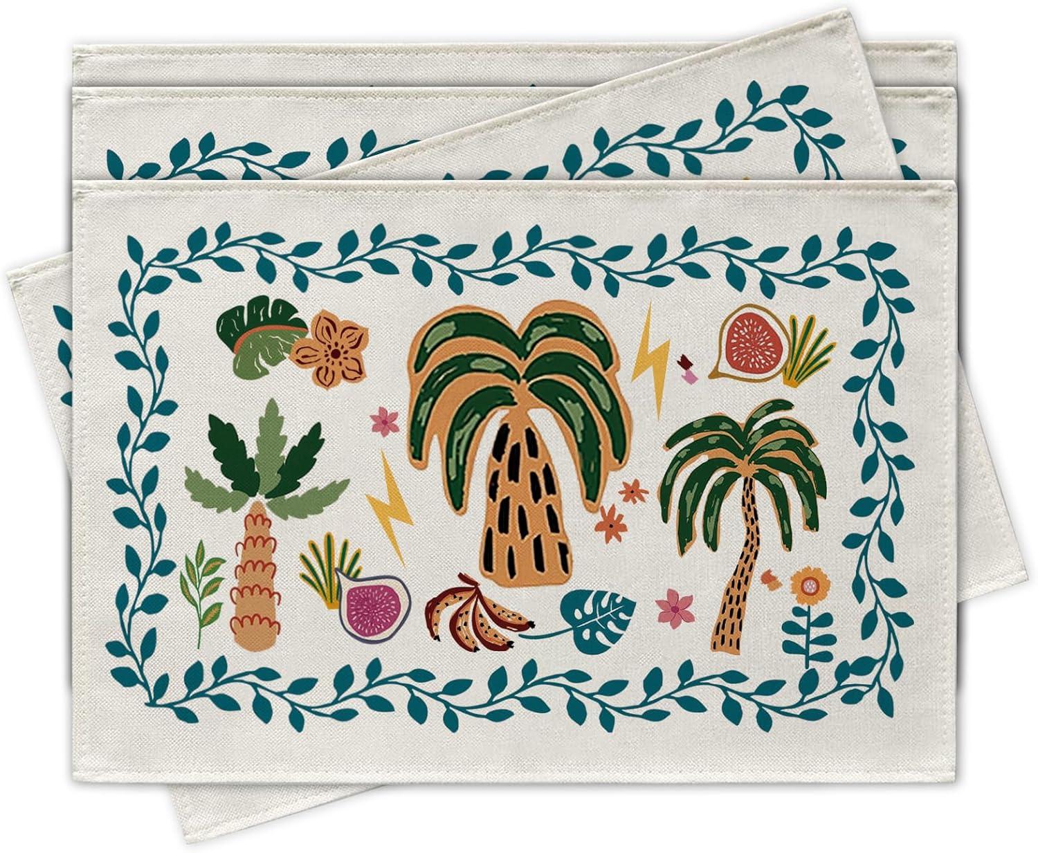 4/6/8pc Coastal Beach Placemat Set, Summer Seashell Ocean Blue Linen Table Mats for Dining Table 4pcs
