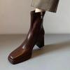 Block Heel Booties Women Fall Winter New Retro Platform Heightened Versatile Square Toe Rear Zipper