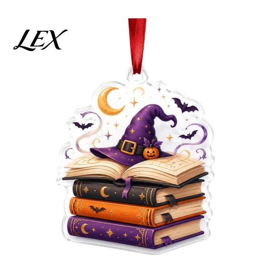Reading Themed Window Hanging Halloween Ghost Ornament, Acrylic Holding Book Pumpkin Bookshelf Ornaments Black Cat Mummy Decor, 2D Cartoon Bookish