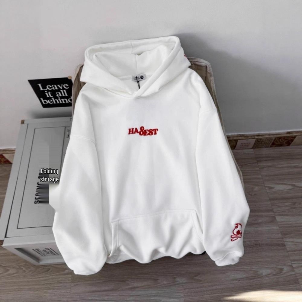 Unisex Flame Embroidery Hooded Sweatshirt - Autumn/Winter Trendy Loose Pullover