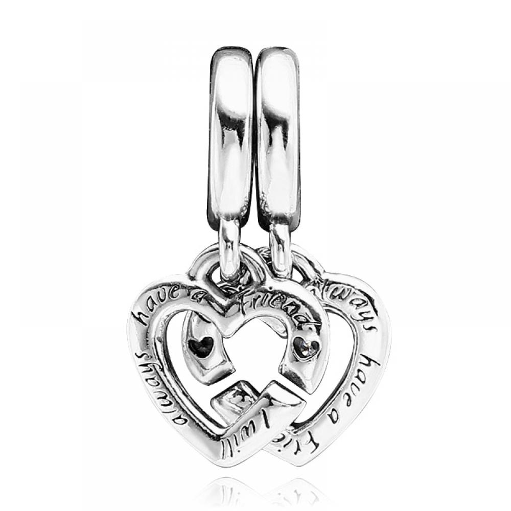 PAndora 799538c01 Linked Sister Heart Split Double Pendant And Dangle Silver Charm
