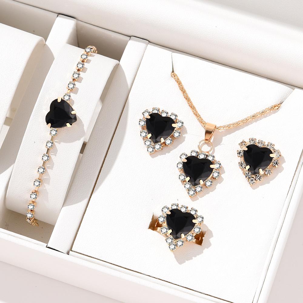 5 Piece Set Women Fashionable Creative Black Heart Shaped Crystal Pendant Collarbone Necklace Earrings Ring Bracelet Combination