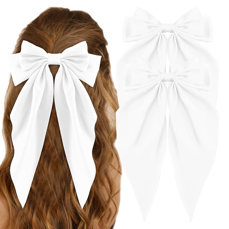 Seidige Satin-Haarschleifen 2 Stück Große Haarschleifen für Damen Haarbänder Übergröße Langer Schwanz Weiße Haarschleife Schwarze Haarschleife Große Haarband-Klammern Metall