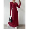 Fashion Slim A-line Maxi Dress for Women Autumn Winter Solid V-neck Bodycon Dress Long Sleeve Elastic Knitted Wedding Dresses
