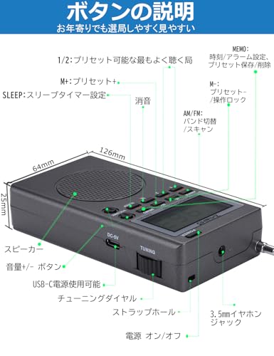 ZHIWHIS Emergency Radio, FM/AM/Wide FM Compatible, Compact, Battery-Operated, with Tuning Dial, Timer, Digital Clock, Auto Power-On, Key Lock, and Pre