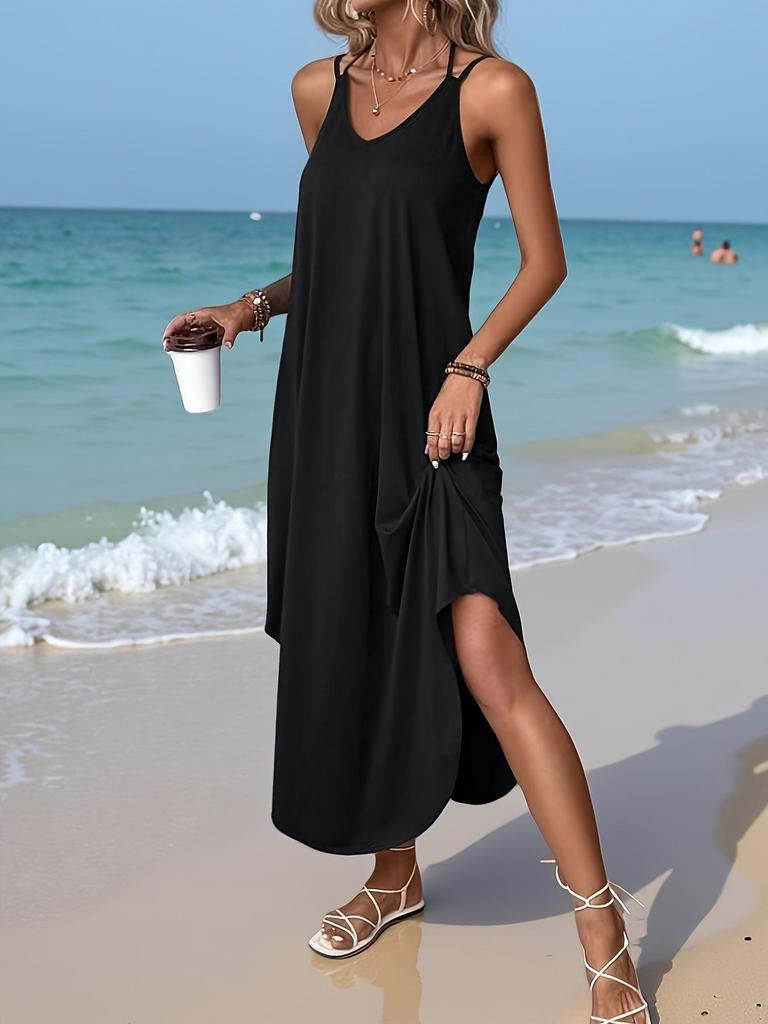 European & American Women's Solid Color Sleeveless Maxi Slip Dress