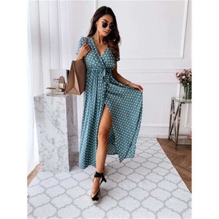 Summer Short Sleeve V-Neck Bohemian Polka Dot Print Dress Long Dress