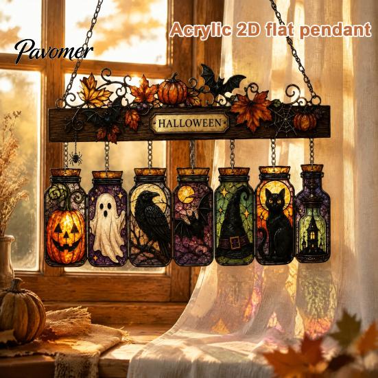 Transparent Three Dimensional Decor Halloween Acrylic Suncatcher, Stained Glass Style Pumpkin Ghost Potion Bottles Window Creative Hanging Gift Ideas