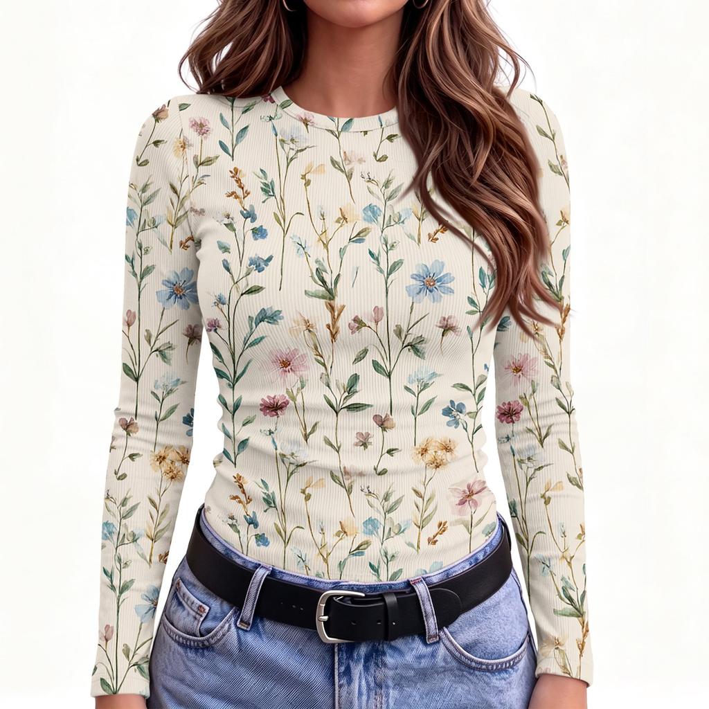 Maglietta da Donna Casual Slim Fit con Stampa Floreale a Manica Lunga e Girocollo per l'Uso Quotidiano