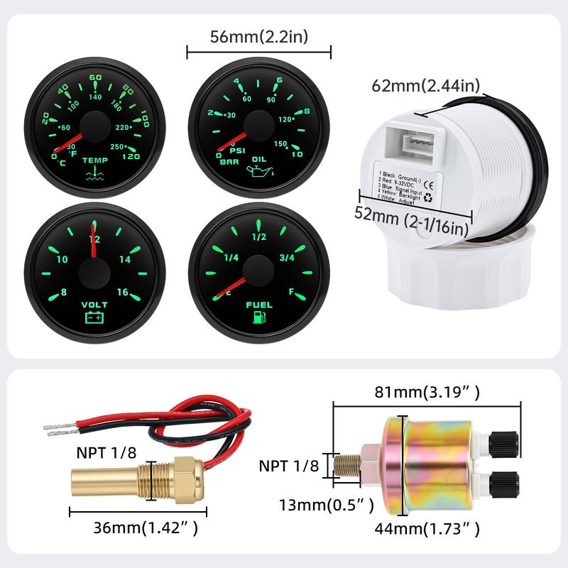12V24V Universal 52MM 4 Gauge Kit with 2 Sensor Water Temperature + Oil Pressure + Fuel Level + Voltmeter For All Vehicle Marine