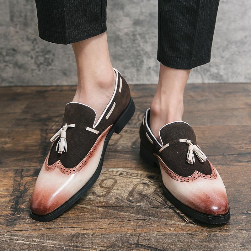Large Size Men's Shoes Four Seasons New Men's Low-top Retro Splicing One-pedal Brock Tassel Casual Leather Shoes