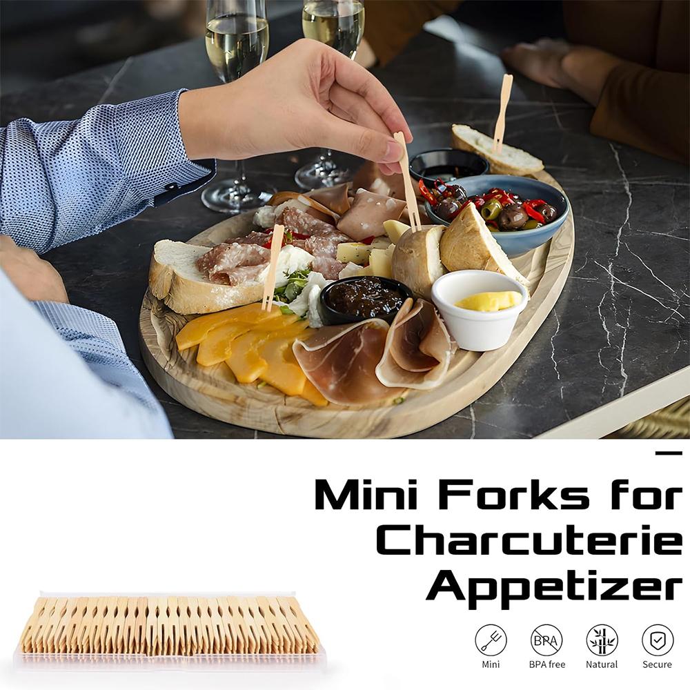 LMETJMA 100Pcs Mini Bamboo Fruit Forks Disposable Cocktail Food Forks Party Appetizer Picks Forks Wooden Toothpicks Fork JT297