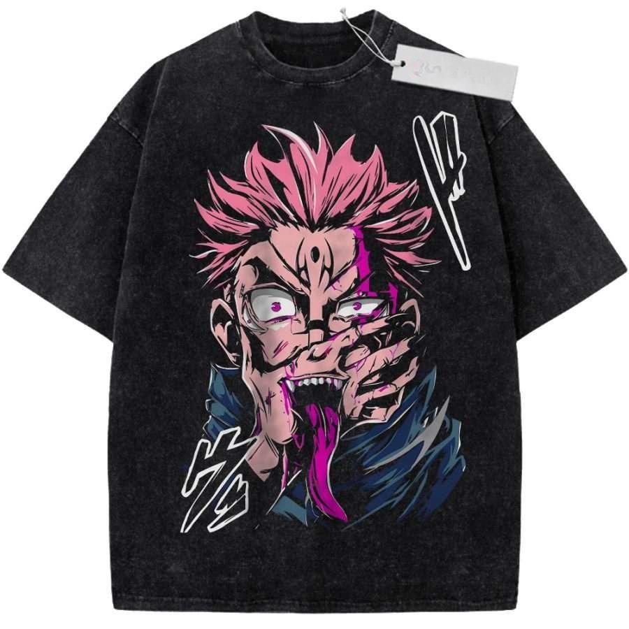 Unisex Black Washed Vintage T Shirt Jujutsu Kaisen Sukuna High Quality Fabric for Fitness Casual Shopping