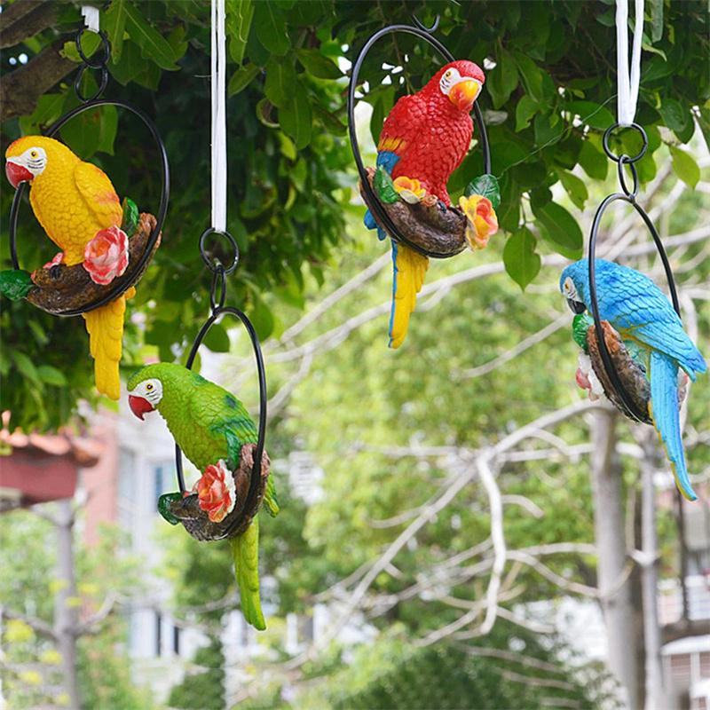 Creative Resin Parrot Hang On Tree Outdoor Garden Decoration Statue Animal Sculpture For Home Office Room Garden Decor Ornament