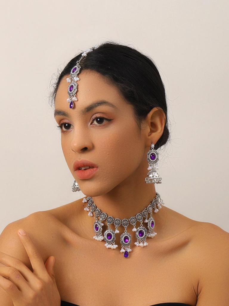 Indian Style Rhinestone Gemstone Three-Piece Set: Oval Necklace, Earrings & Headwear
