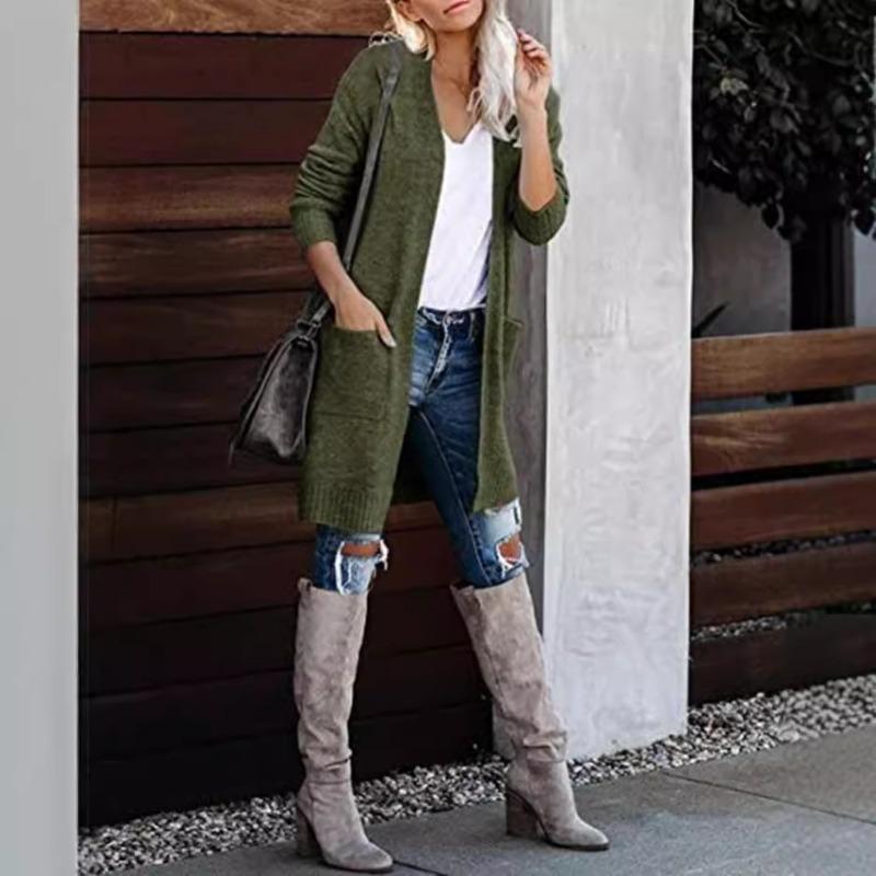 

Осінній жіночий в язаний кардиган з кишенями, з довгим рукавом, повсякденний в язаний светр вільного крою, куртка для жінок, джемпери S зелений