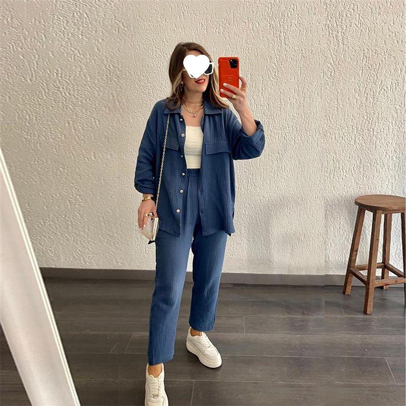 2024 Plus Size Women's Casual Crepe Loose Lapel Long Sleeve Shirt Set - European & American Style