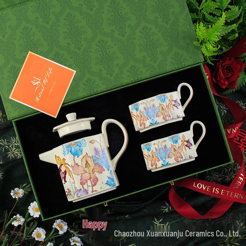 Vintage High-End Coffee Cup & Saucer Set, Octagonal Floral Mug Pair with Coffee Pot Gift Box