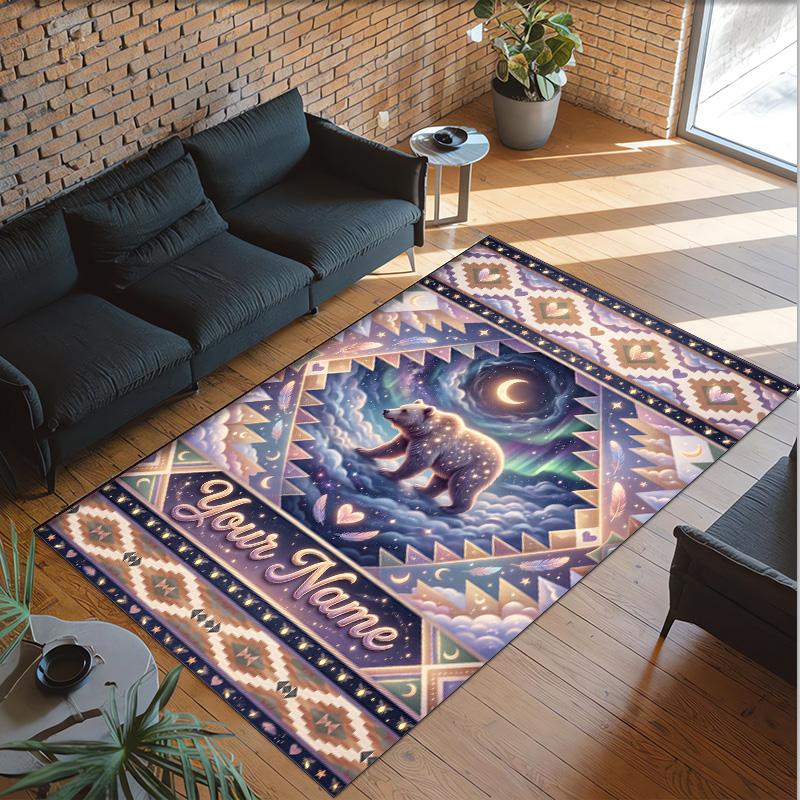 Teddy Bear Theme Crystal Velvet Rug Personalized Custom Name Text Soft Floor Mat Home Decor